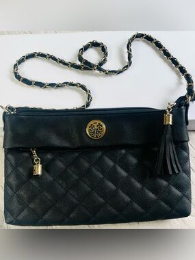Black Quilted Crossbody Bag with Gold Chain and Tassel